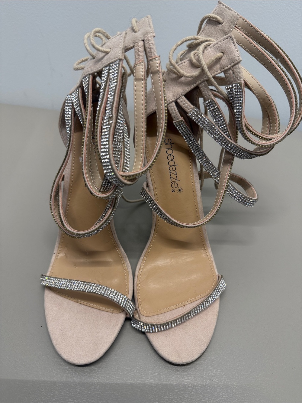 Shoe Dazzle Blush Nude Rhinestone Lace-Up Heels